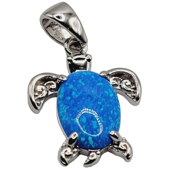 Sterling Silver 925 Blue Synthetic Opal Sea Turtle Pendant - Picture 1 of 9